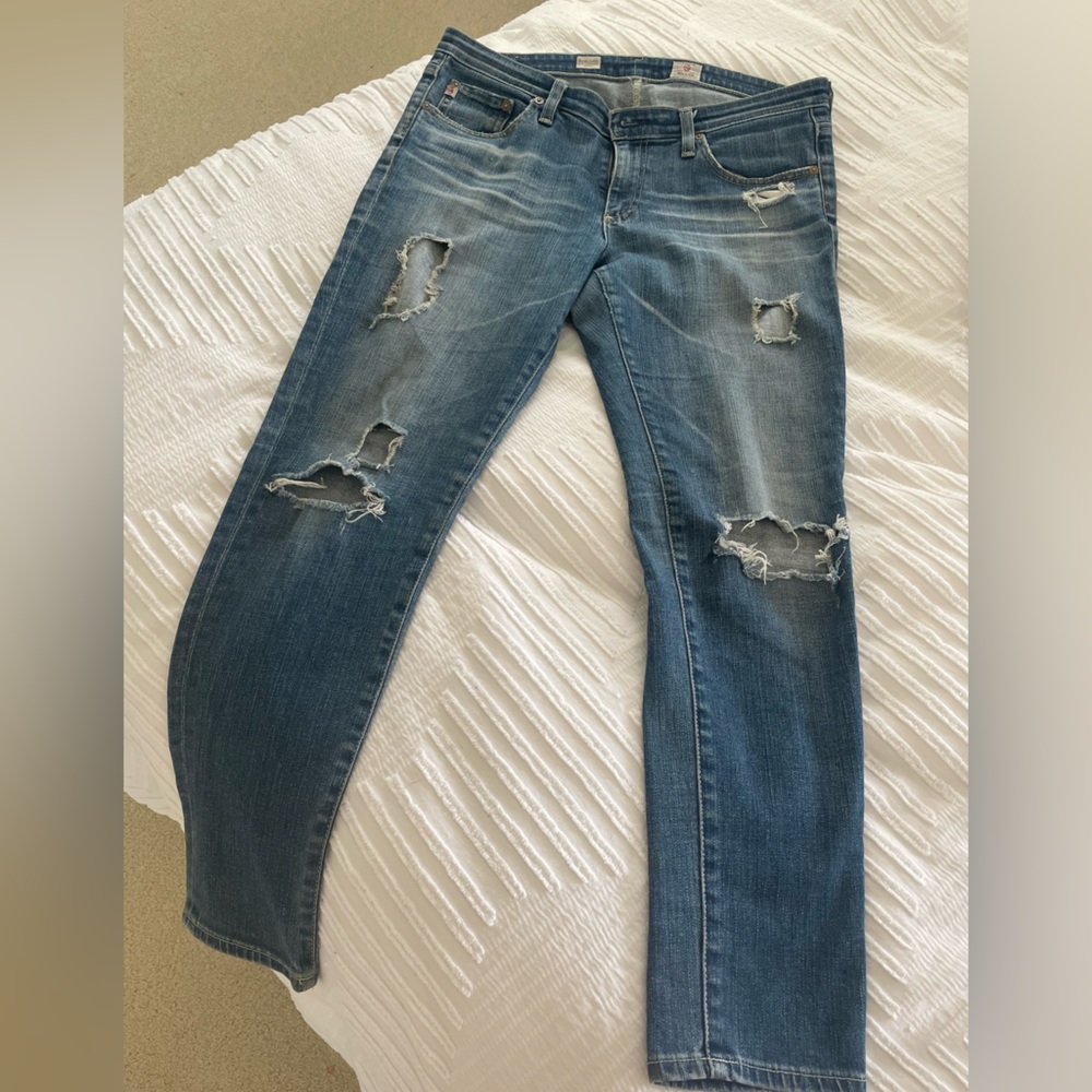 Anthropologie AG Jeans Stevie Distressed Slim Straight Ankle Medium Washed Jeans